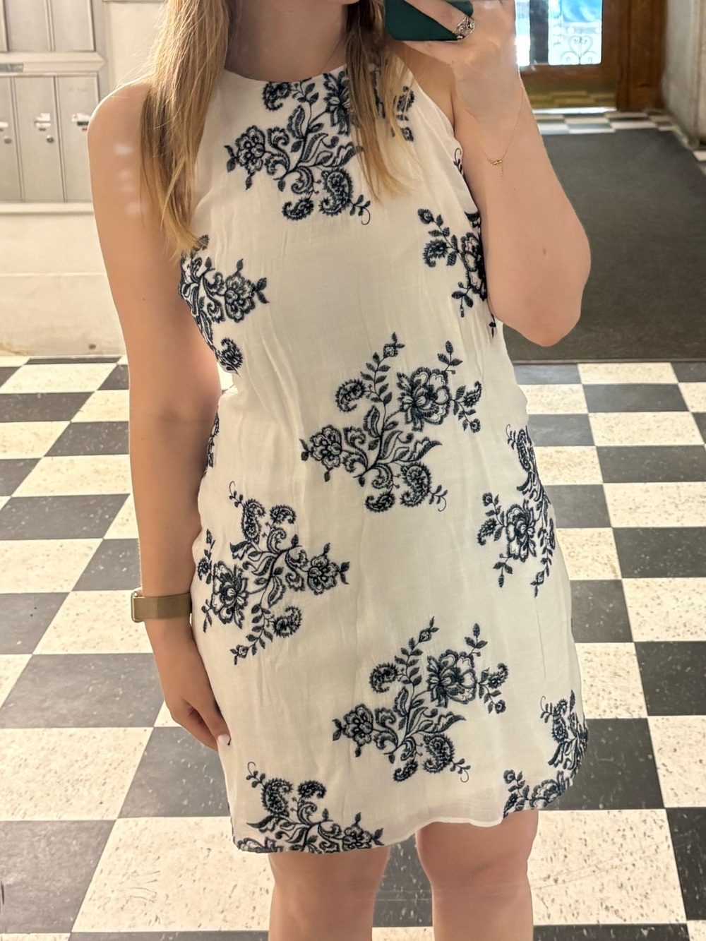 White Floral Shift Dress with Navy Print